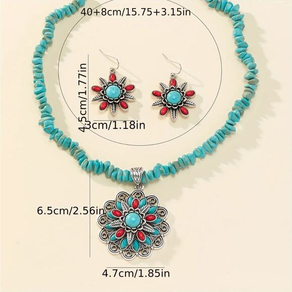 Floral Pendant Necklace & Matching Turquoise Center Earrings – New Set - Picture 4 of 4
